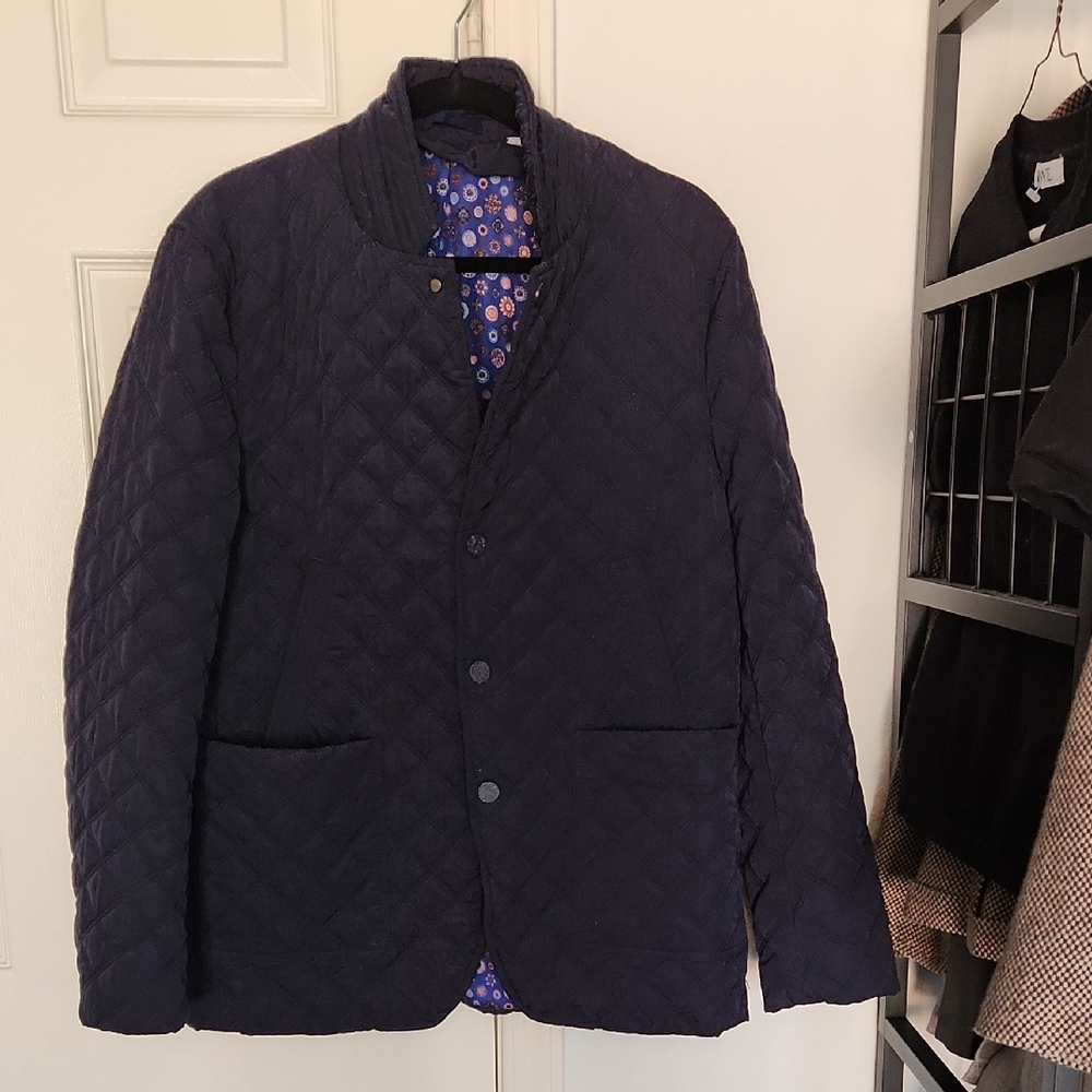 Robert Graham Womans Blue Quilted Linen Wool Blend Jacket Size Size Medium